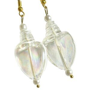 Art Glass AB Conch Shell Earrings White Pearl Murano Style Gold Plated